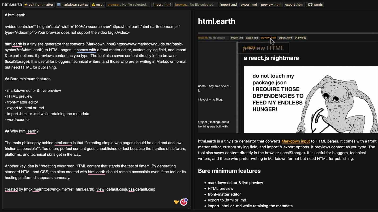 Preview of html.earth: Markdown to HTML Converter & Site Generator