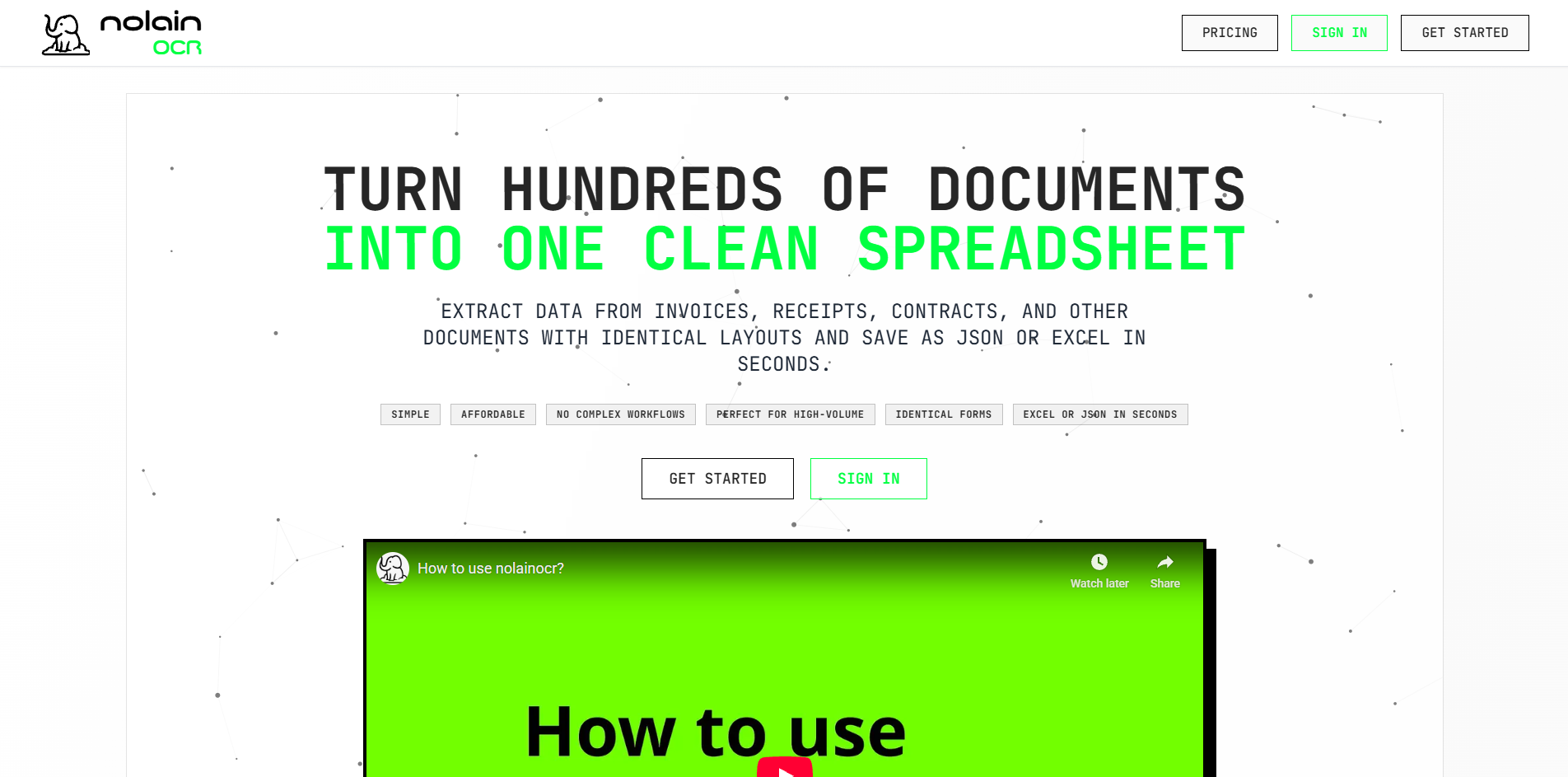 Preview of nolainocr | Turn hundreds of invoices into clean spreadsheets