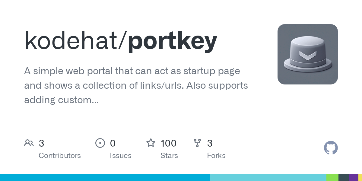 Preview of GitHub - kodehat/portkey: A simple web portal that can act as startup page and shows a collection of links/urls. Also supports adding custom pages. Everything with one config file. · GitHub